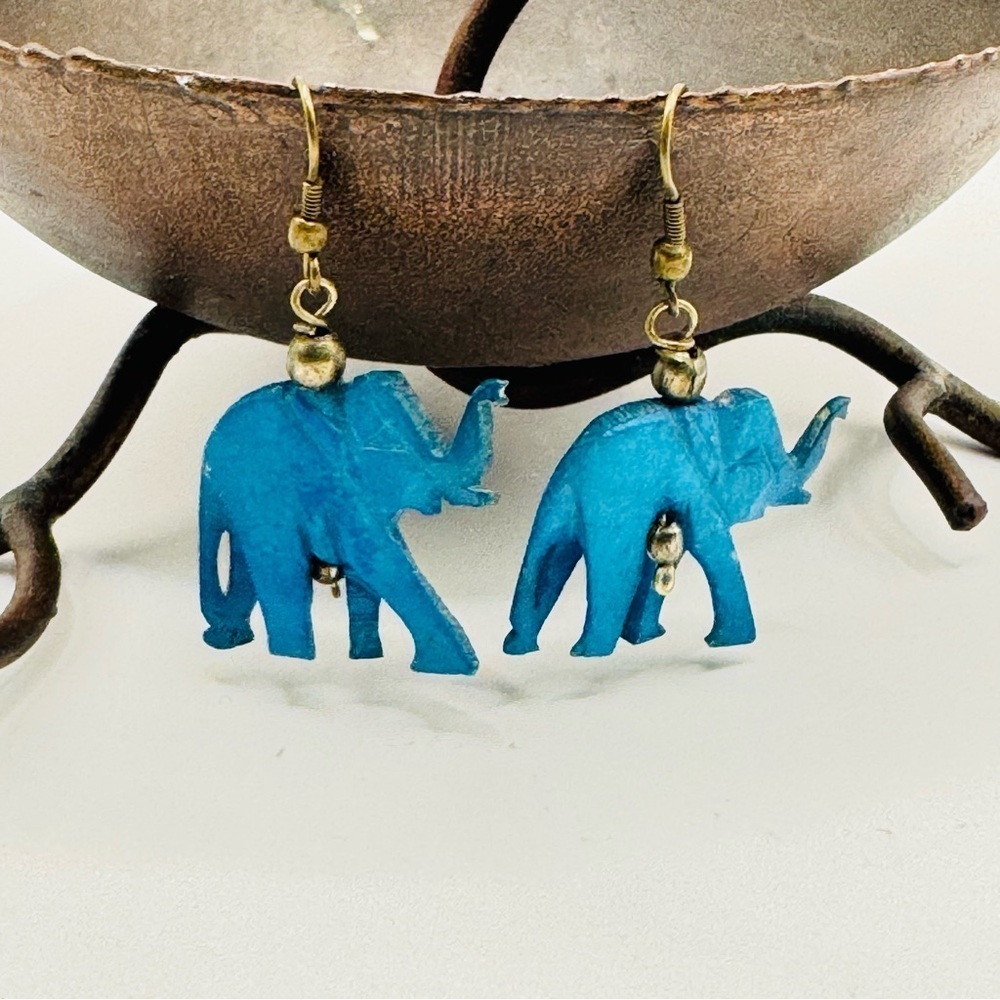 Hand Carved Wooden Elephant Earrings Blue Dangle Boho Artisan